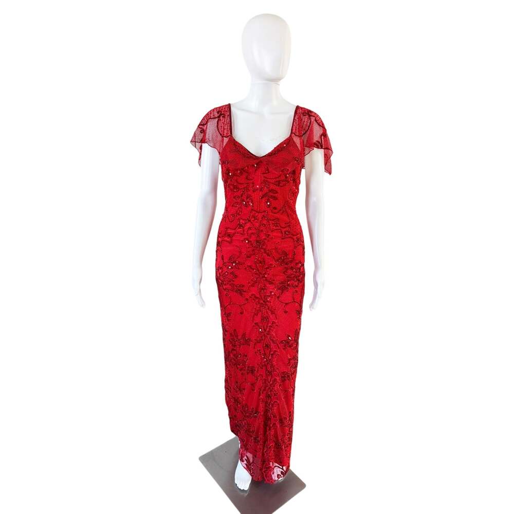 Attitudes by Debra Scarlet Red Hand-Beaded Lace Evening Dress Extra Small XS